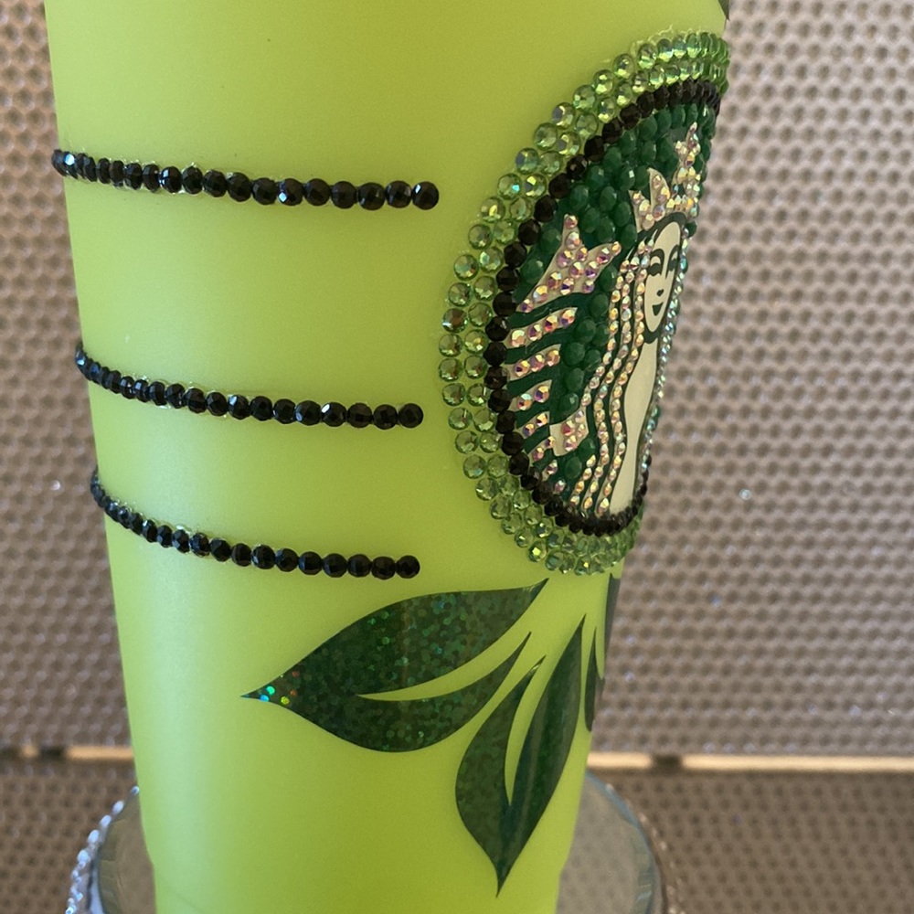 Starbucks Neon Green Rhinestone Logo Tumbler with Leaf Design - Picture 5 of 8